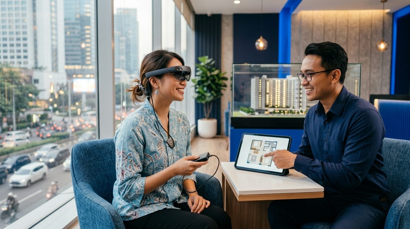 A client wearing slim, lightweight VR glasses to view a 360° apartment tour in a property sales office