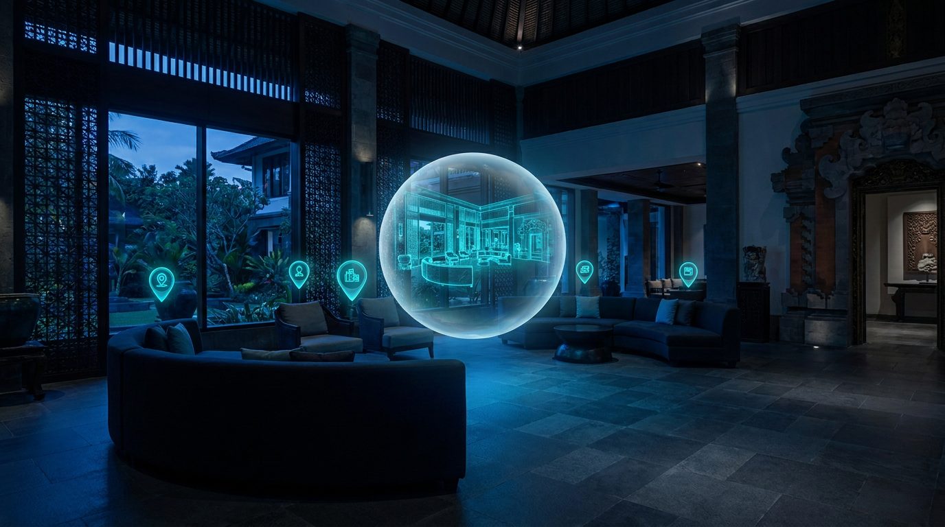 Lobi resort yang ditampilkan sebagai pengalaman virtual interaktif